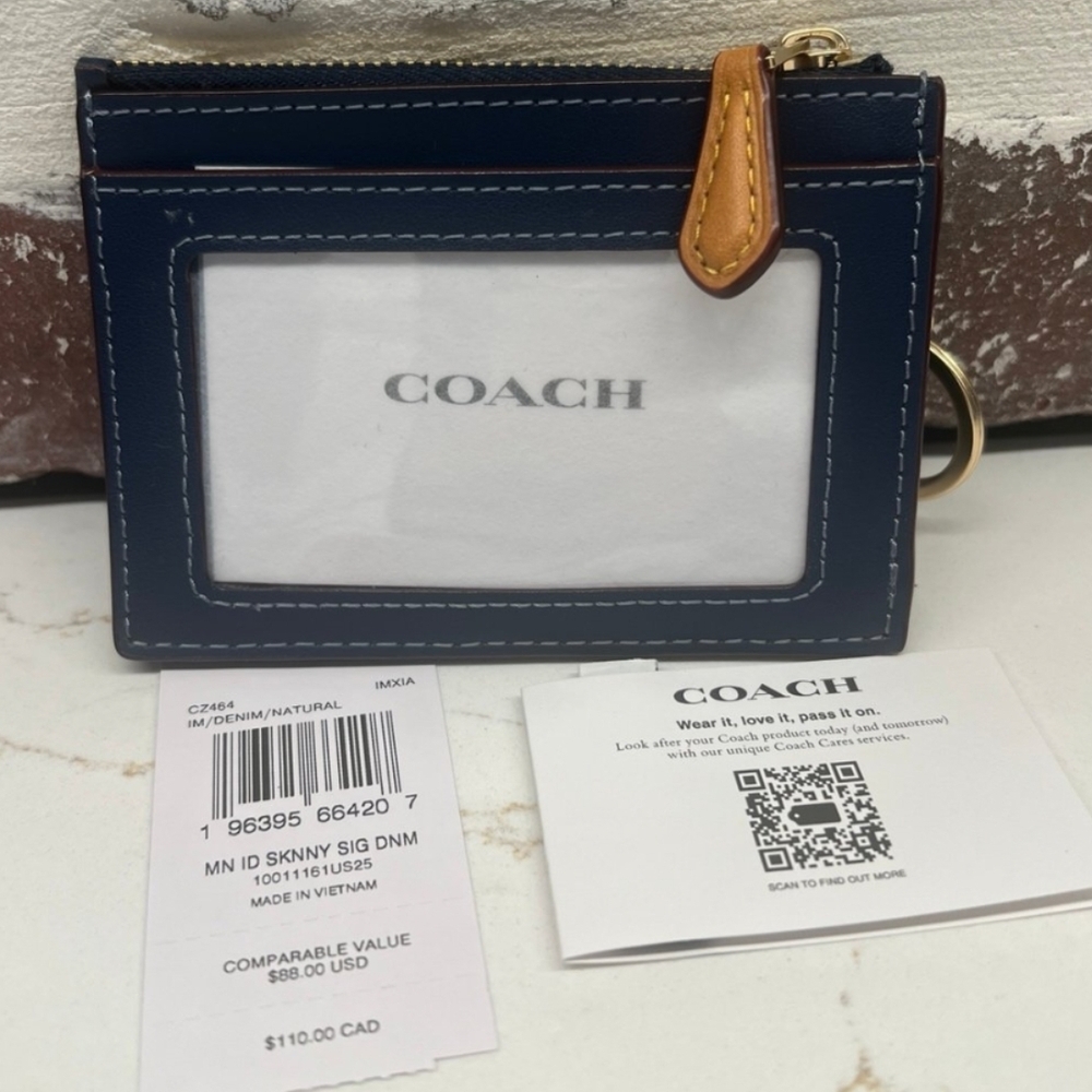 NWOT Authentic Coach Deep Blue Denim Signature Skinny Mini Zip ID Wallet - Picture 4 of 4